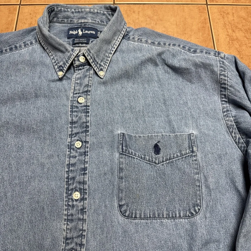 Vintage 90s Polo Ralph Lauren Men's Denim Button‎ Up Sz XL Big Shirt Pony Logo - Picture 2 of 8